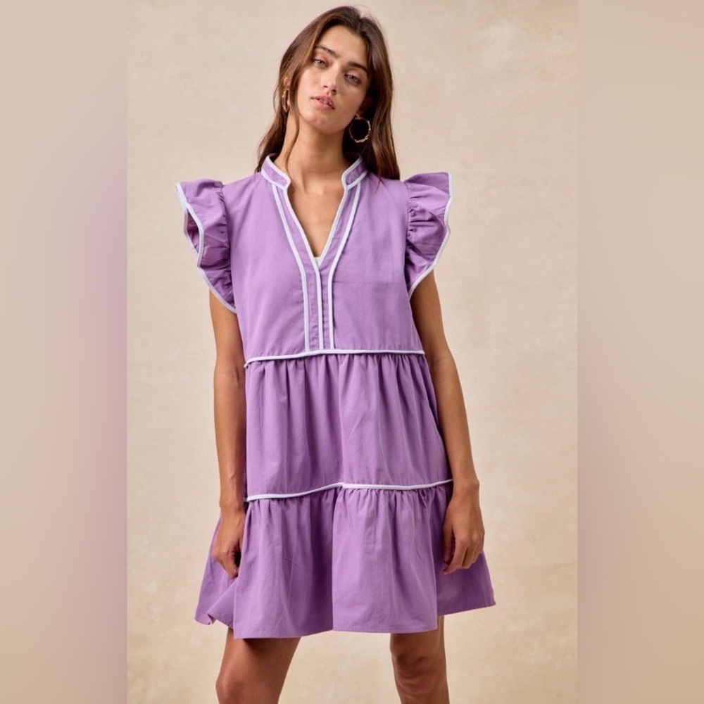 NWT BiBi | Women’s Purple/White Gameday Ruffle Cap Sleeve Tiered Mini Dress XL